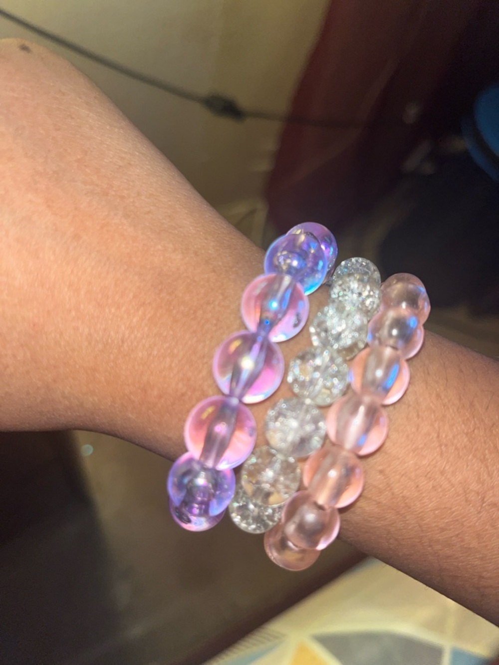 Glittery Pink and purple galaxy Beaded Stretchy Bracelet Set - Women Jewelry